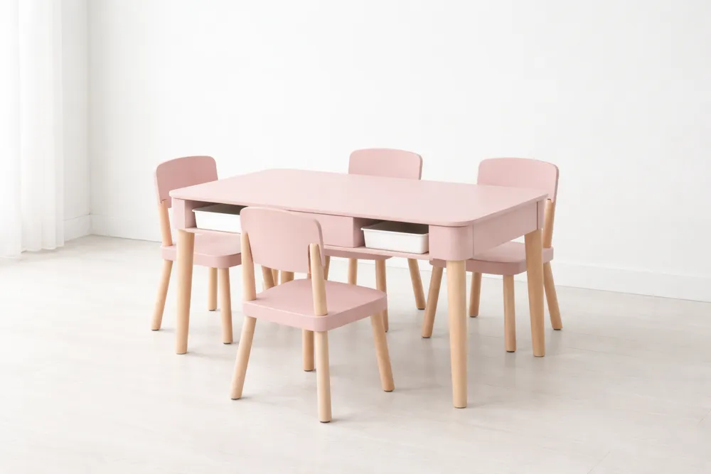 Ensemble table et 4 chaises en plastique et bois rose pour enfants-Formavelo