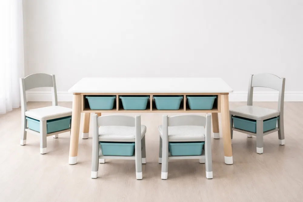 Ensemble table et chaises enfants en MDF et plastique Blanc/Bleu/Gris-Formavelo