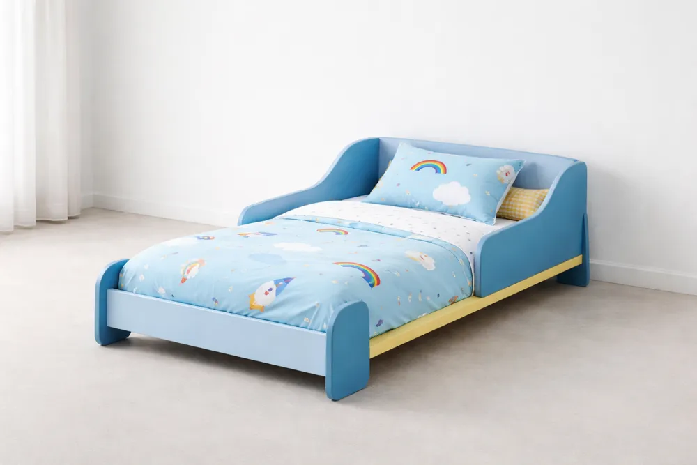Lit pour enfant en bois MDF bleu avec motifs fusées et nuages-Formavelo