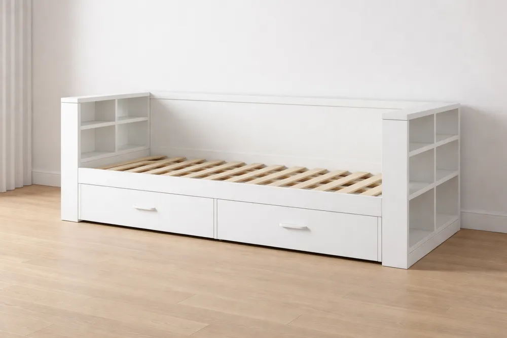 Lit banquette avec étagères et tiroirs en bois blanc-Formavelo