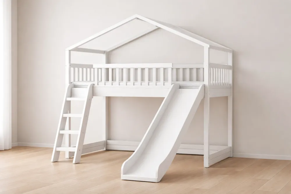 Lit mezzanine enfant avec toboggan et échelle en bois blanc-Formavelo