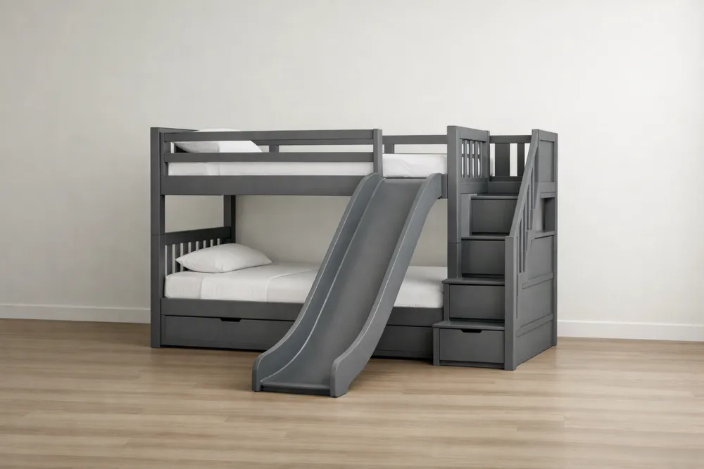 Lit superposé en bois avec toboggan et tiroirs Gris-Formavelo