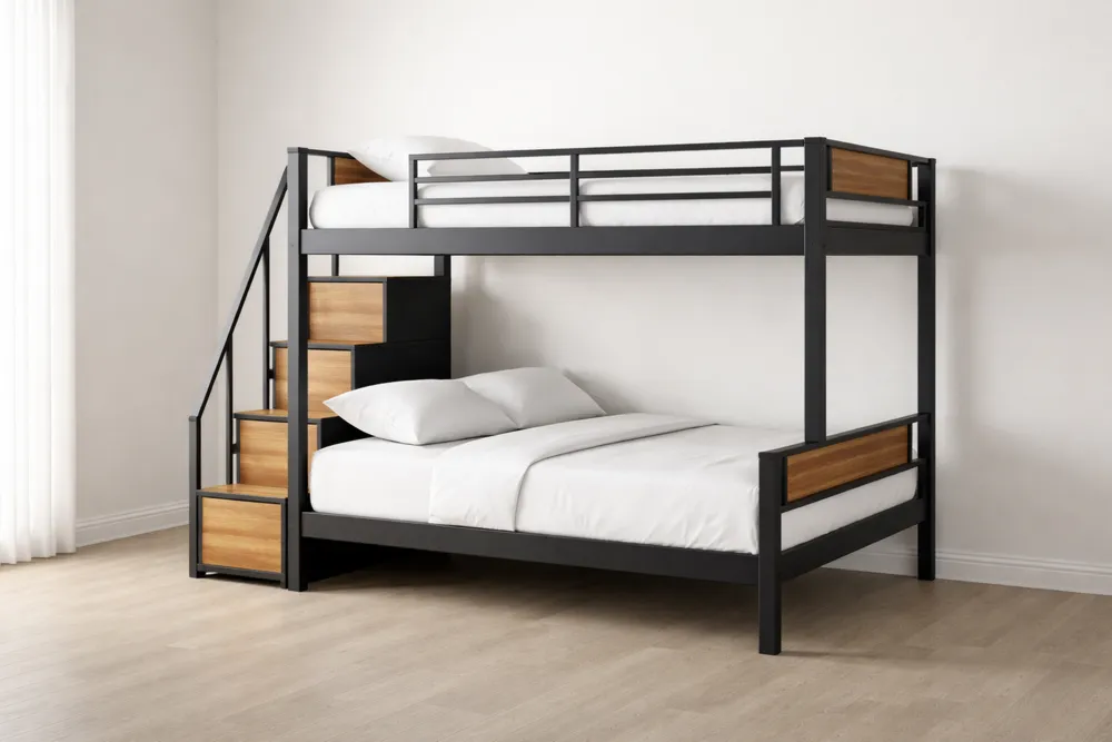 Lit superposé en métal noir et bois avec escalier-Formavelo