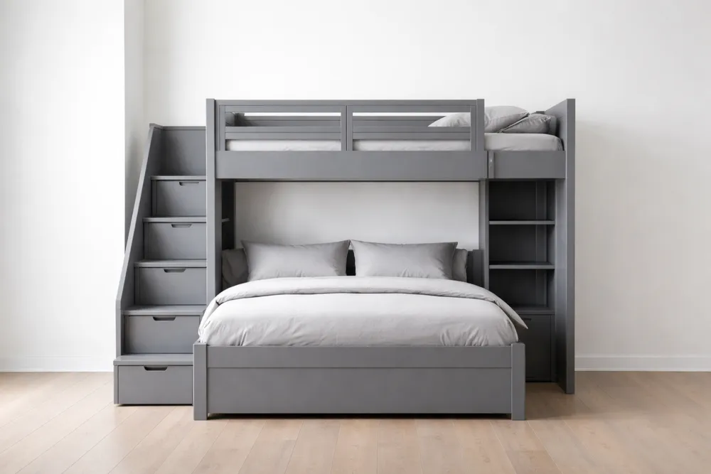 Lit superposé en bois avec escalier et rangement Gris-Formavelo