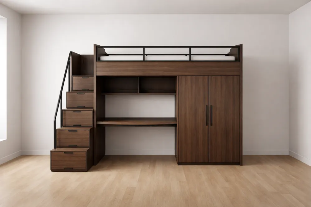 Lit mezzanine en bois avec escalier et armoire intégrée Marron-Formavelo