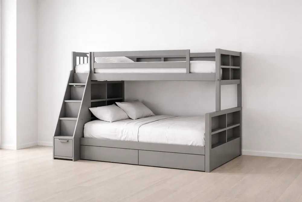 Lit superposé en bois avec tiroirs et étagères Gris-Formavelo
