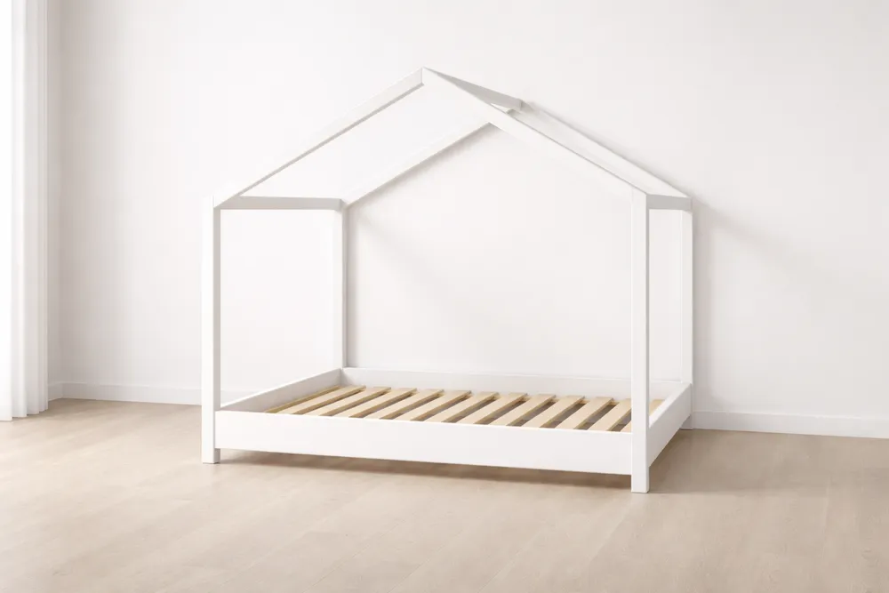 Lit enfant cabane en bois de pin 140x70×140 cm Blanc-Formavelo