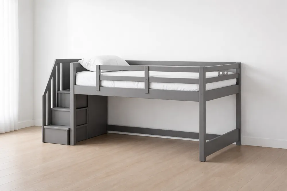 Lit mezzanine enfant avec escalier intégré en bois massif gris-Formavelo
