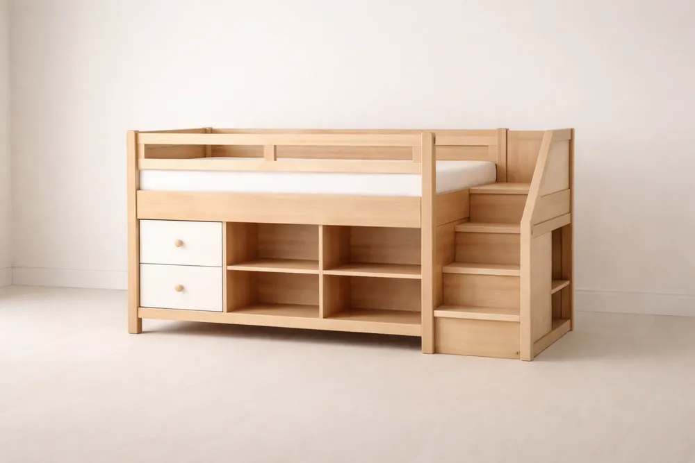 Lit mezzanine en bois clair avec rangements et escalier-Formavelo