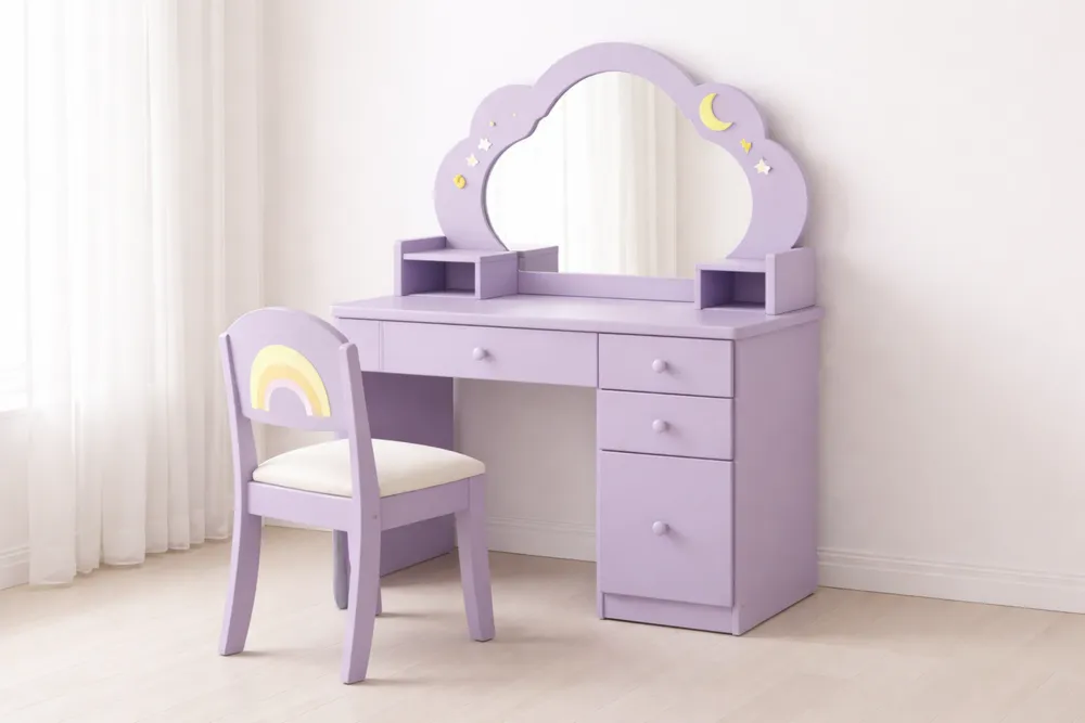 Coiffeuse Enfant en Bois avec Miroir Nuage et Chaise Violet-Formavelo