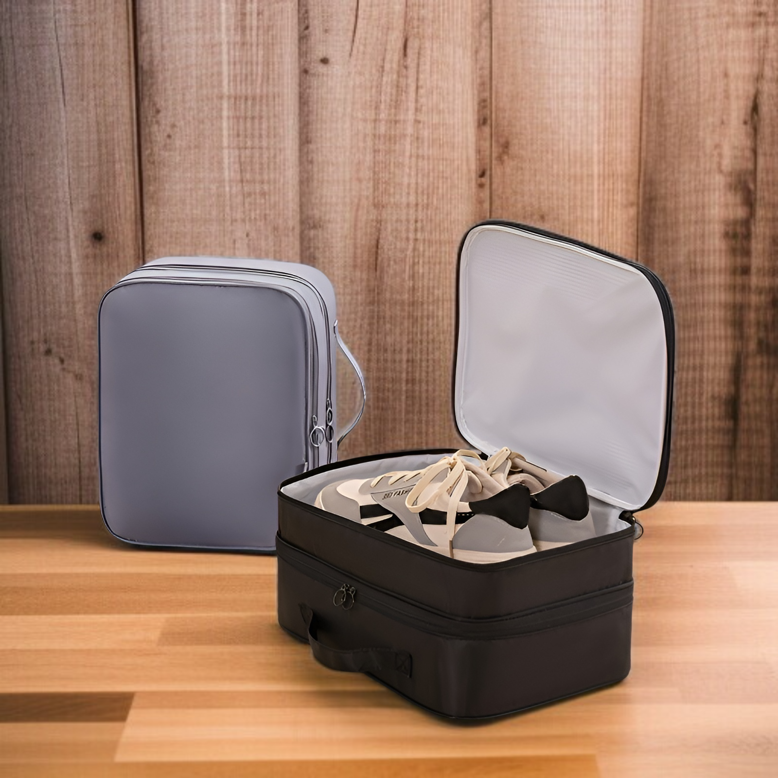 Foldable boot organizer bag showing space-saving design