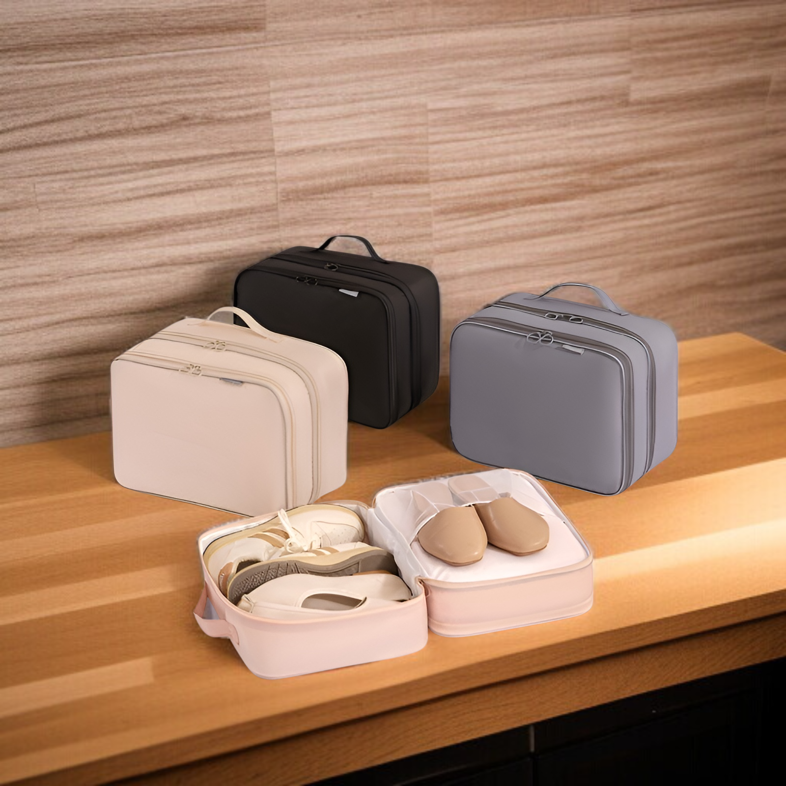 Portable foldable 3-layer travel boot storage bag front view