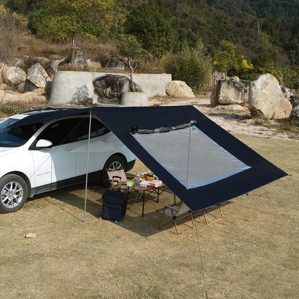 10x16 ft Car Side Awning with Pole Camping Tarp with Screen Window Car Tent for Cars Vans SUV Sun Shelter (Black)