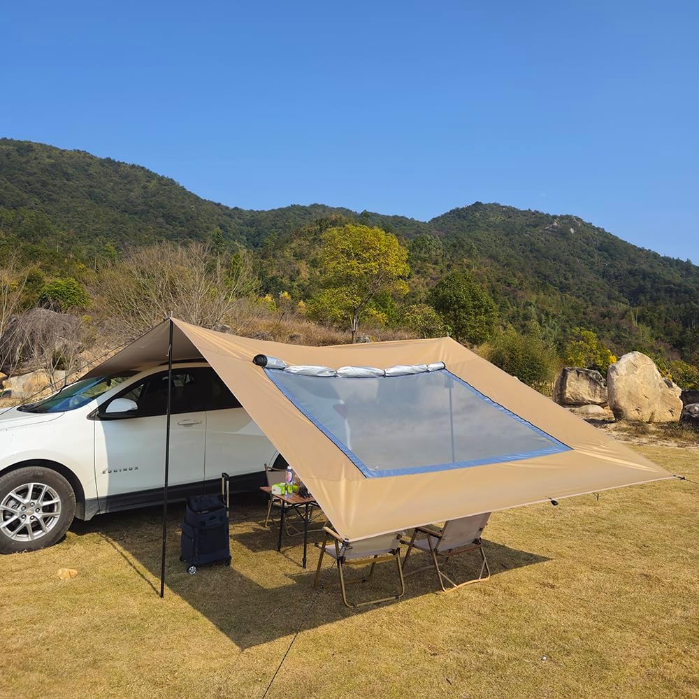 10x16 ft Car Side Awning with Pole Camping Tarp with Screen Window Car Tent for Cars Vans SUV Sun Shelter (Black)