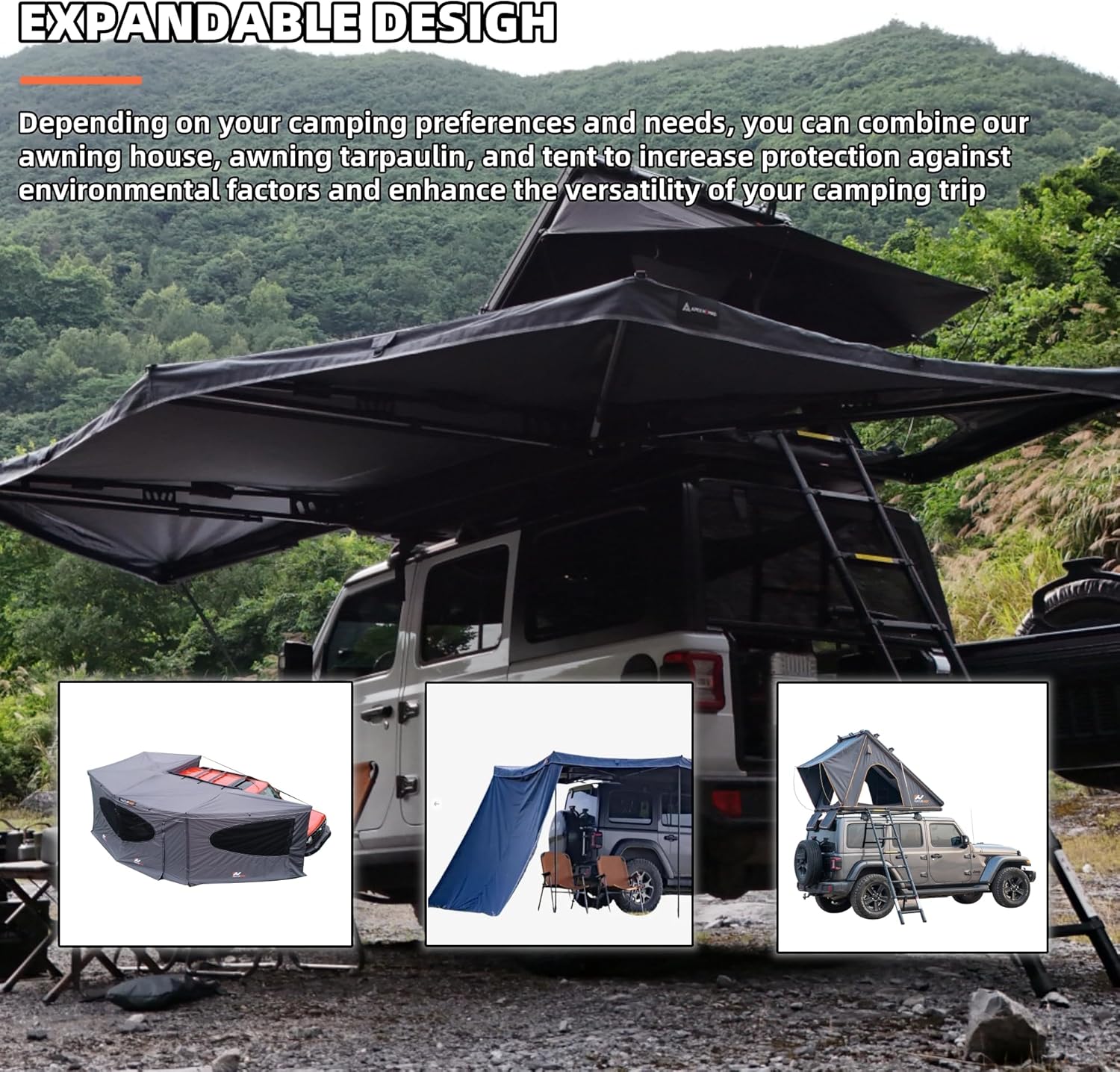  270 Degree Awning for SUV Jeep Truck Van Vehicle Rooftop Awning, All Car Top Roof Rack Awnings, Vehicle Overland 270 Car Side Batwing Moon Shade Awnings (Black, Large)