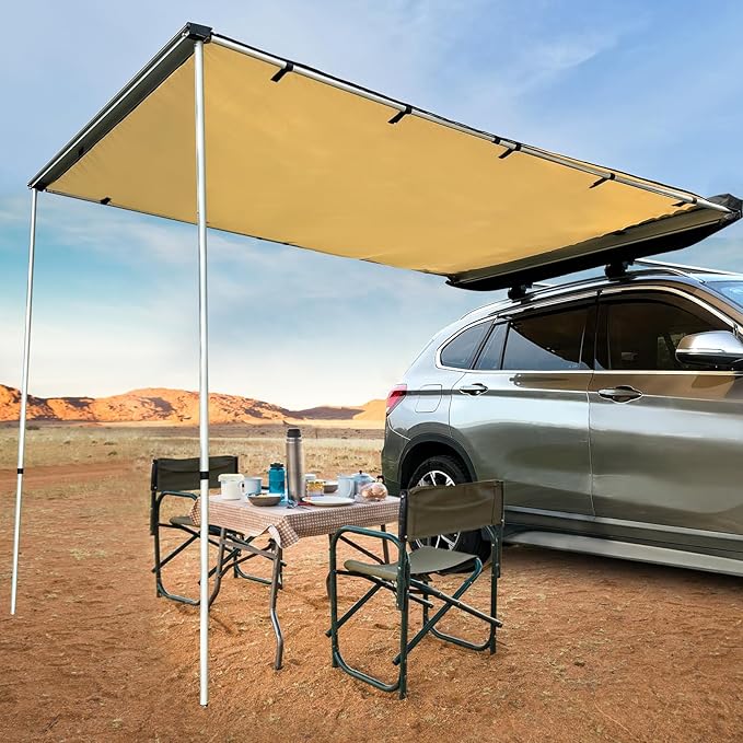 Vehicle and Car Awning 8.2X4.6ft 4x4 Accessories Overland Camping UPF50+ Pull-Out Rooftop Side Awning Feet for Jeep/SUV/Truck/Van Beige