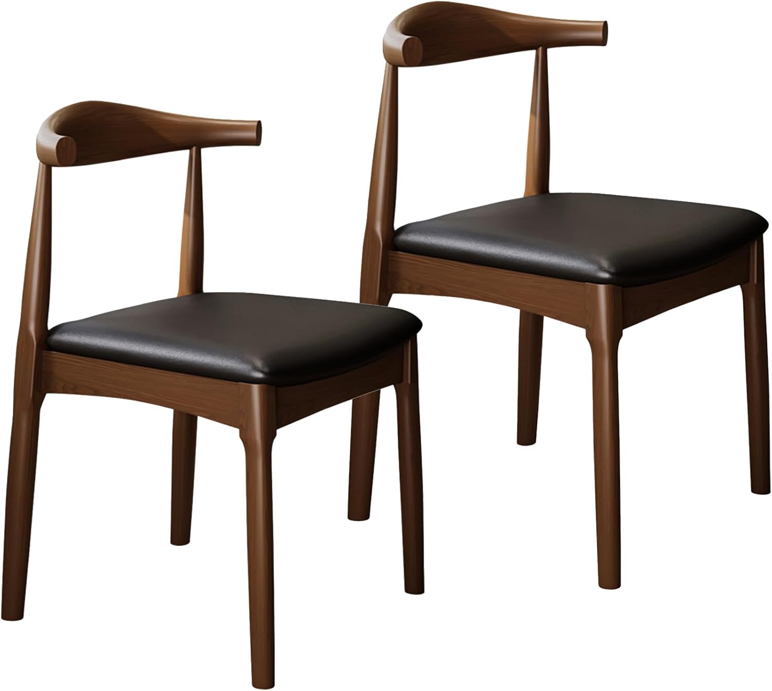 Solid Wood Dining Chair with Walnut Finish Mid Century Modern Upholstered PU Leather Dining Chairs with Curved Backrest for Dining Room, Kitchen, Study Room, Walnut Color