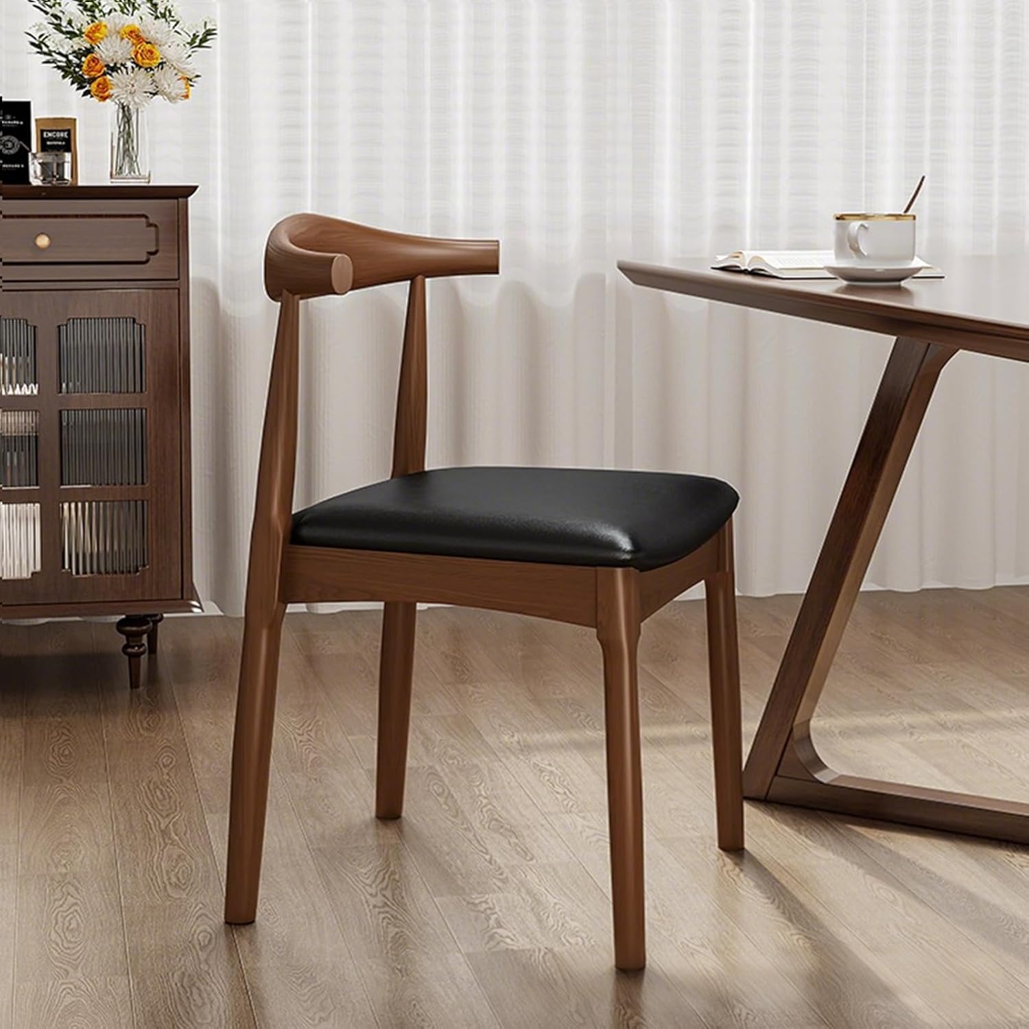 Solid Wood Dining Chair with Walnut Finish Mid Century Modern Upholstered PU Leather Dining Chairs with Curved Backrest for Dining Room, Kitchen, Study Room, Walnut Color