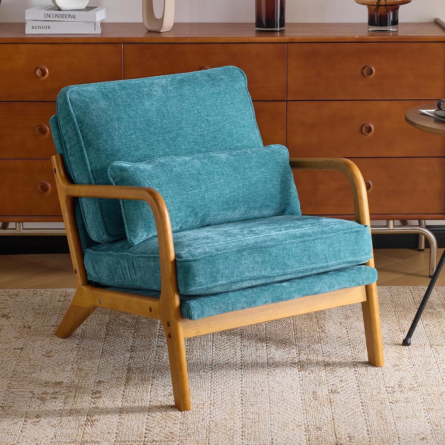  Mid-Century Modern Chair with Pillow Linen Fabric Upholstered Lounge Arm Chair with Solid Wood Frame & Soft Cushion for Living Room, Bedroom, Balcony, Green