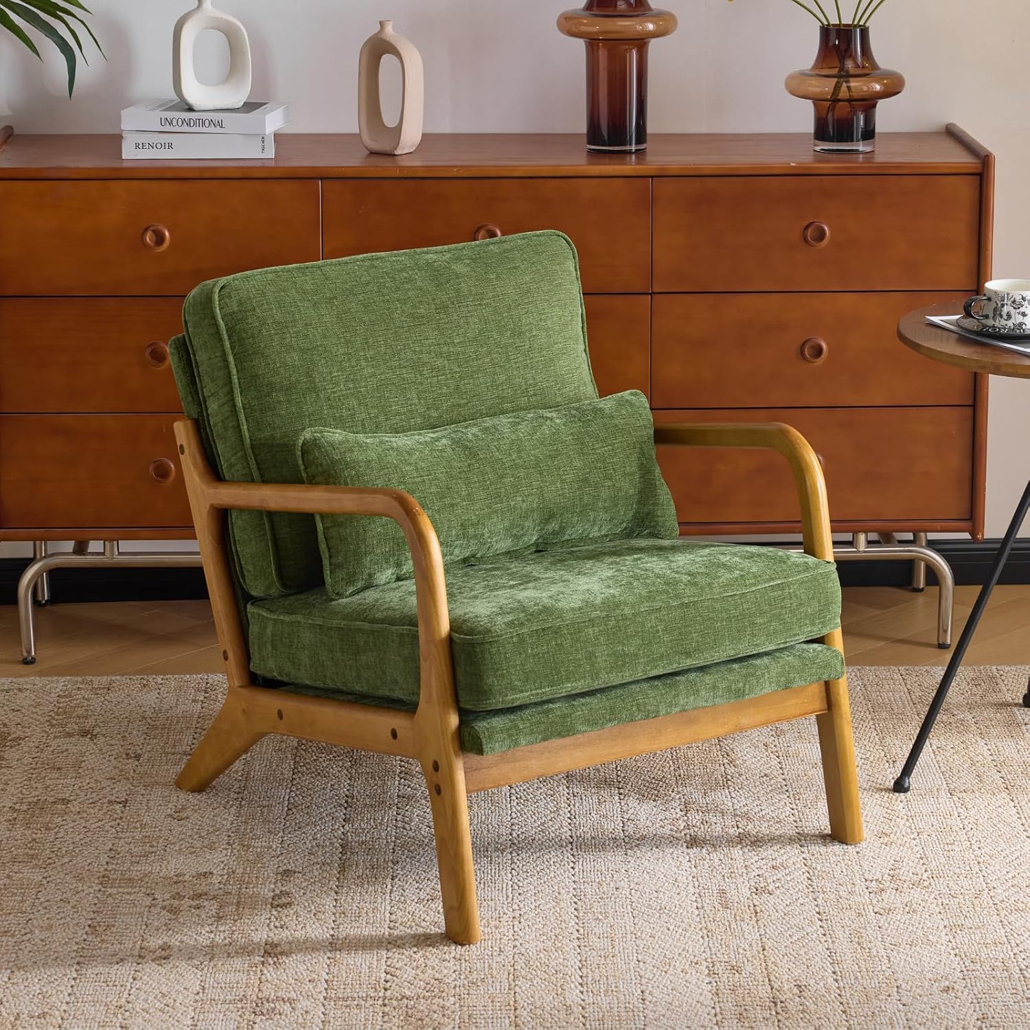  Mid-Century Modern Chair with Pillow Linen Fabric Upholstered Lounge Arm Chair with Solid Wood Frame & Soft Cushion for Living Room, Bedroom, Balcony, Green