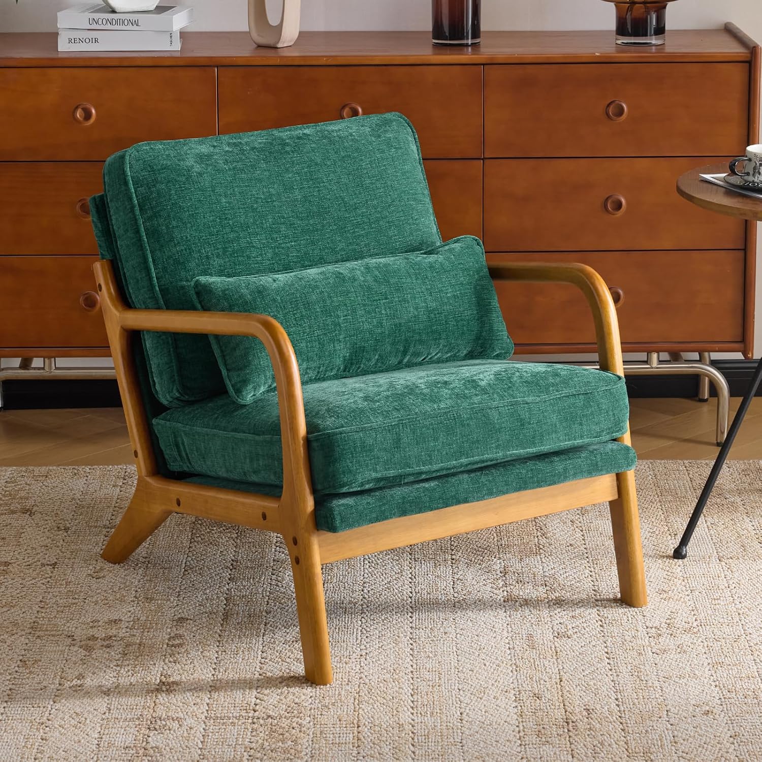  Mid-Century Modern Chair with Pillow Linen Fabric Upholstered Lounge Arm Chair with Solid Wood Frame & Soft Cushion for Living Room, Bedroom, Balcony, Green