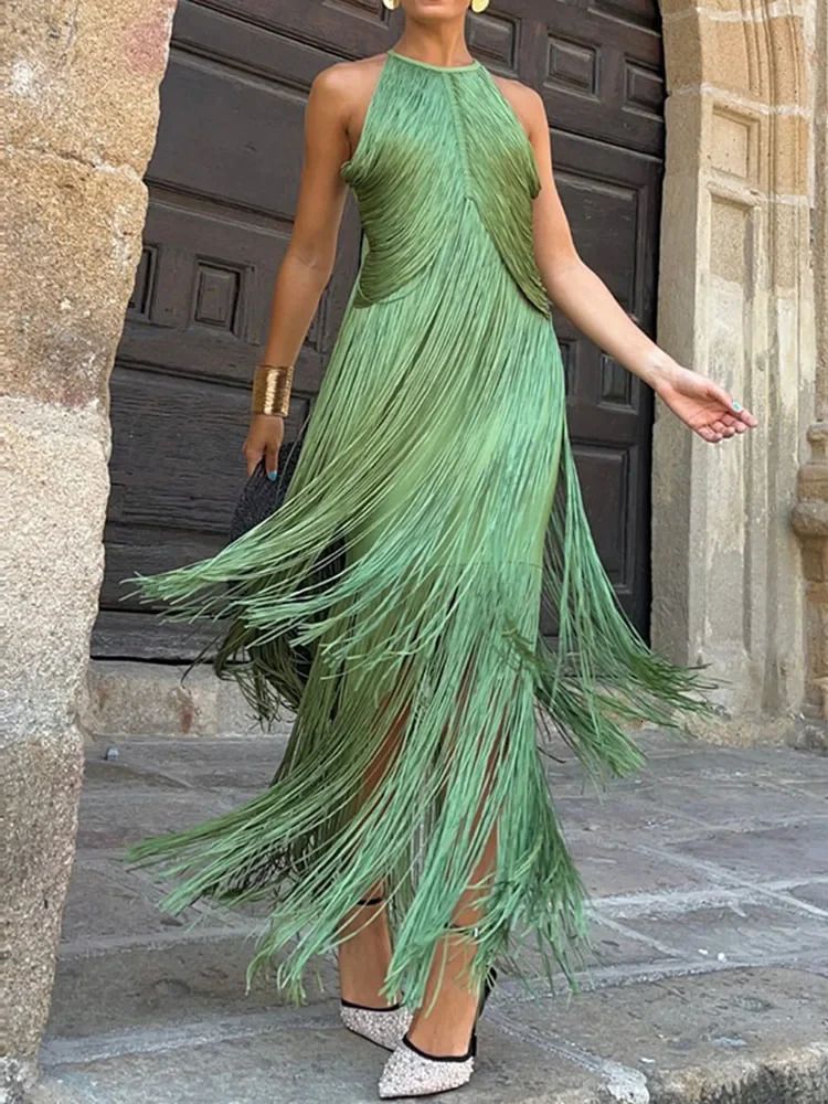 Elegant Tassel Splicing Solid Gowns Dress