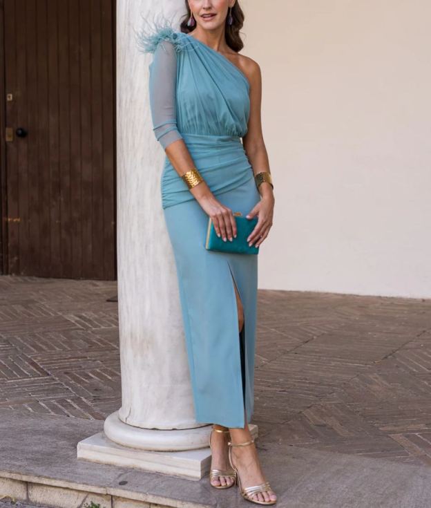 Pastel blue asymmetrical draped midi dress