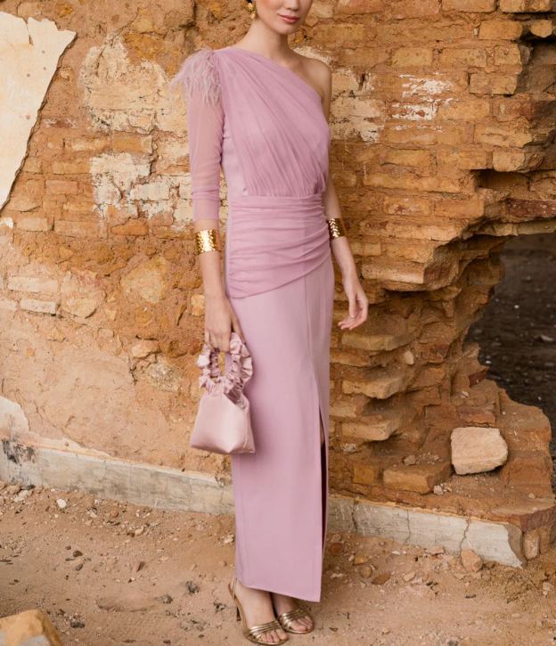 Nude pink asymmetrical draped midi dress