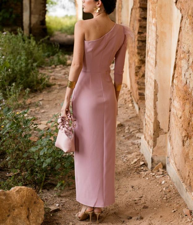 Nude pink asymmetrical draped midi dress