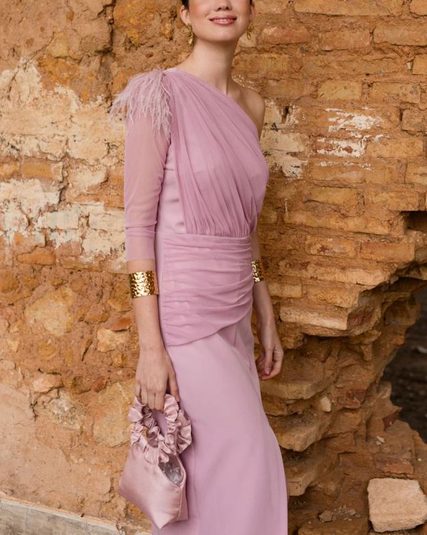 Nude pink asymmetrical draped midi dress