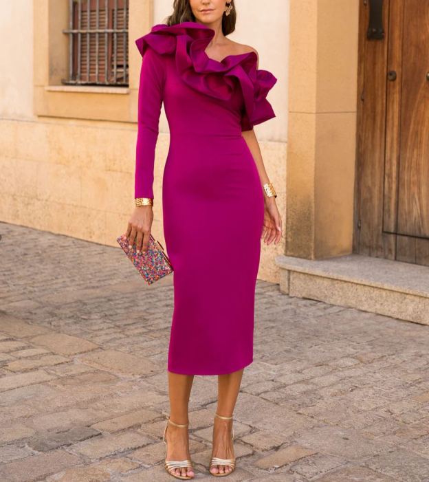 buganvilla Asymmetrical long-sleeved dress with ruffle