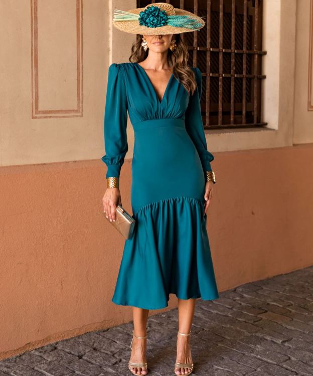 Petrol blue ruffle midi dress