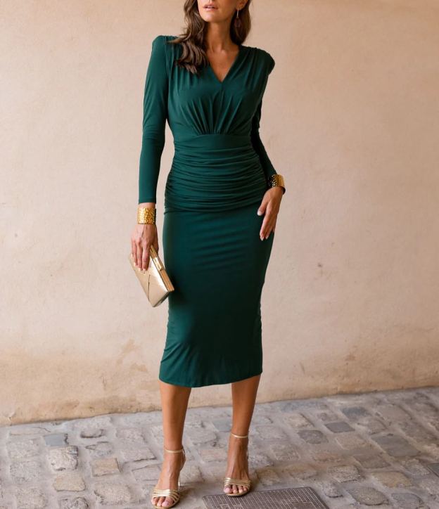 Green ruched midi dress with shoulder pads