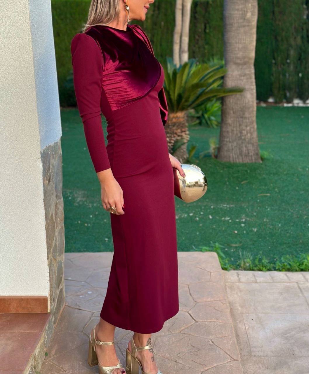 Wine Velvet Off-the-Shoulder Bow Dress