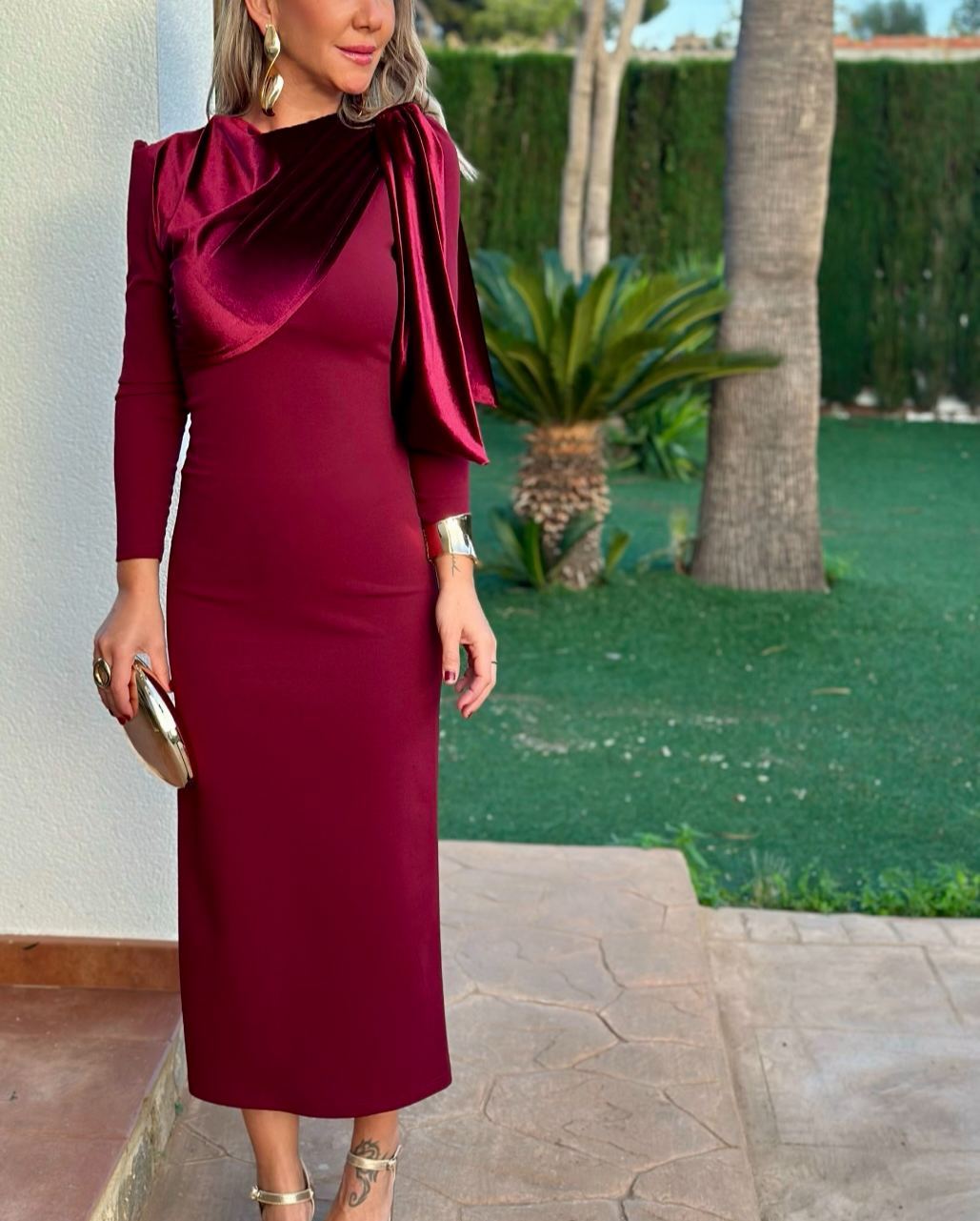 Wine Velvet Off-the-Shoulder Bow Dress