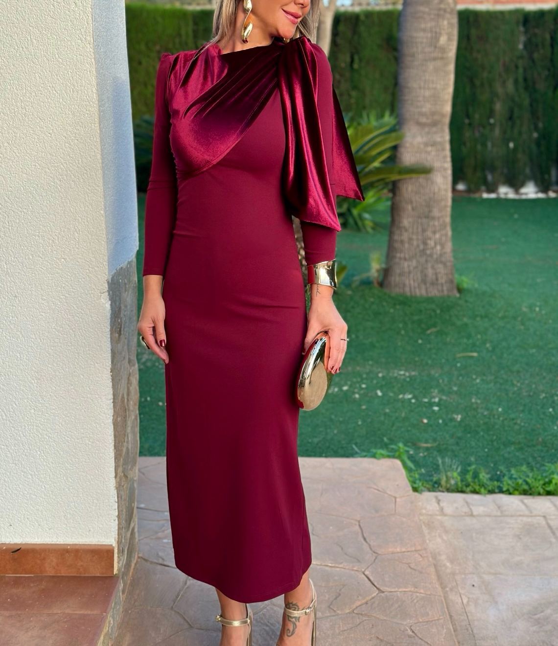 Wine Velvet Off-the-Shoulder Bow Dress