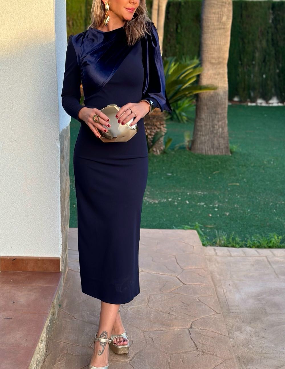 Navy Velvet Off Shoulder Bow Dress