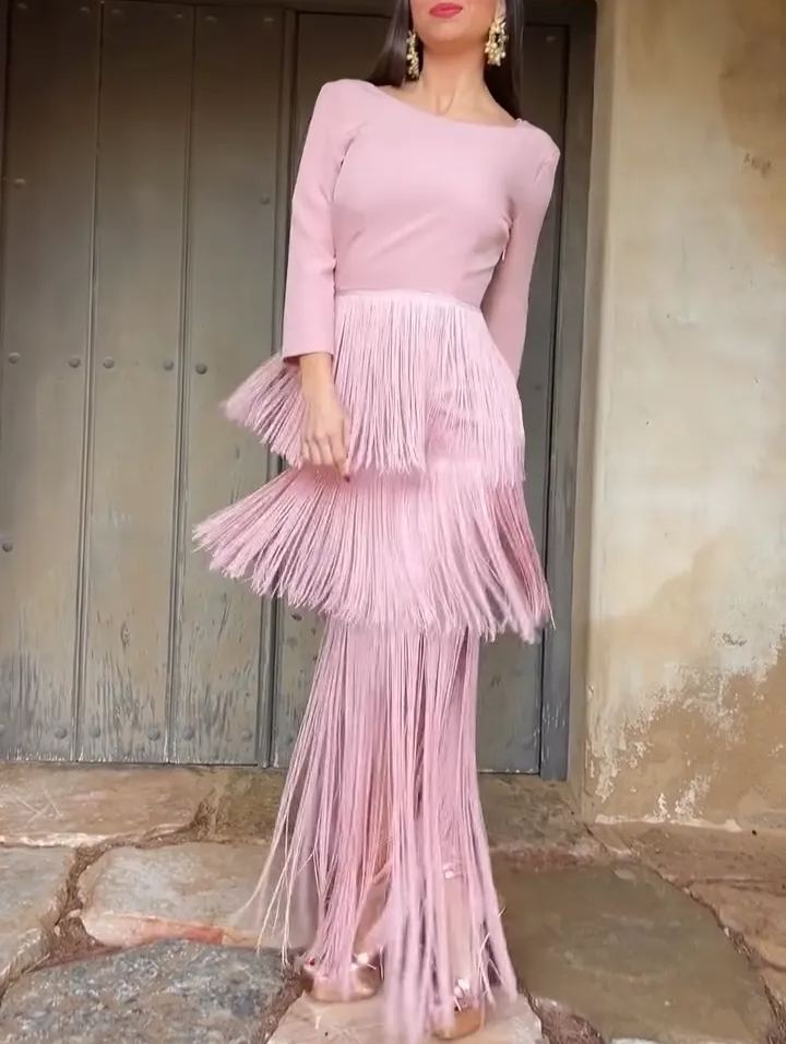 Blush Pink Fringed Maxi Dress