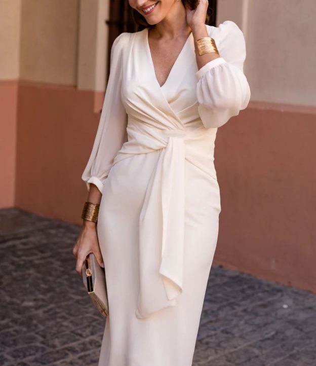 Beige midi dress with chiffon sleeves and a front tie
