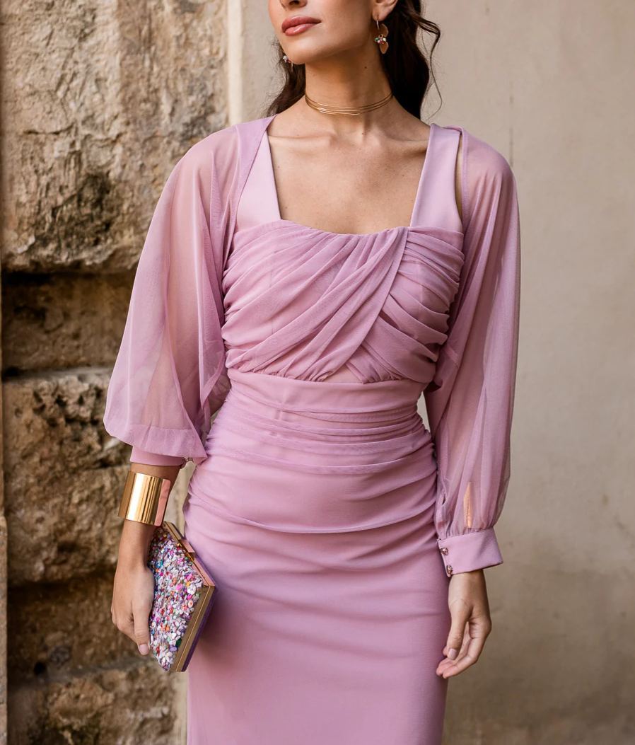 Midi dress + nude pink tulle sleeves