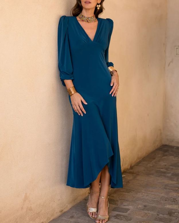 Asymmetrical midi dress in deep petrol blue