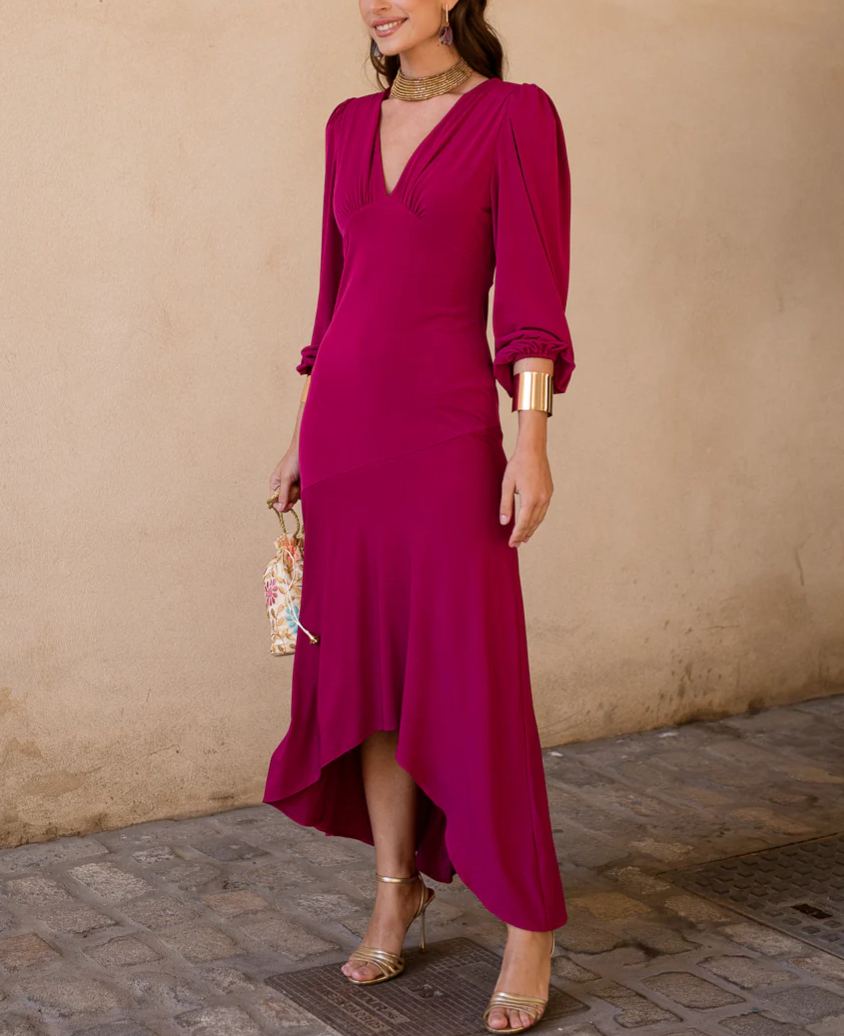 Asymmetrical ruffle midi dress