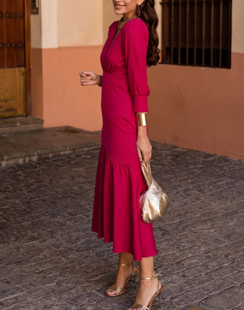 Raspberry ruffle midi dress