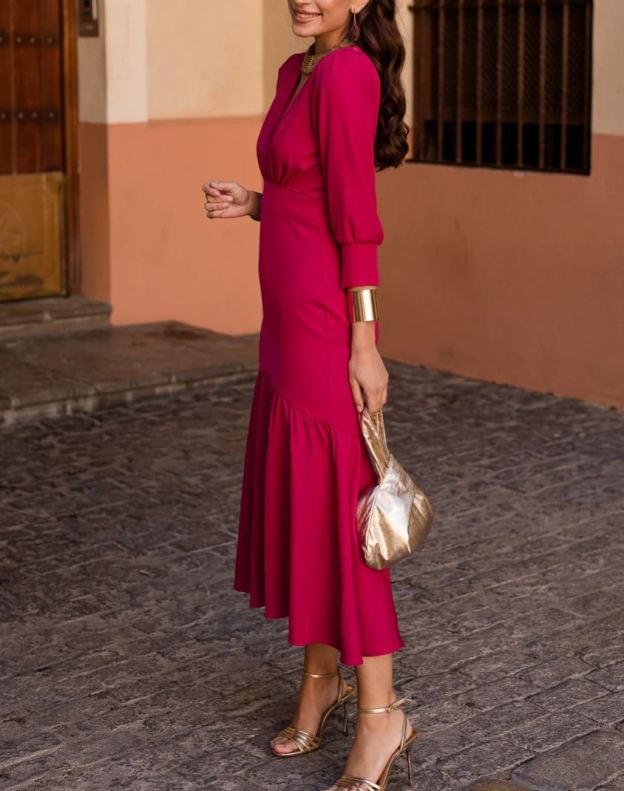 Raspberry ruffle midi dress
