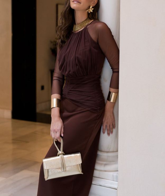 Chocolate brown tulle sleeve midi dress