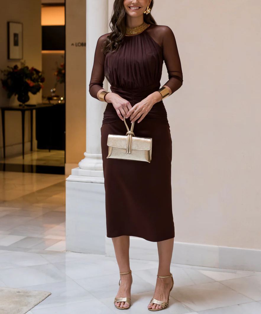 Chocolate brown tulle sleeve midi dress