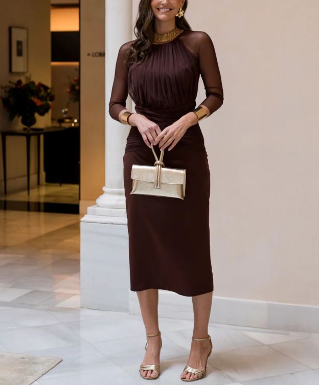 Chocolate brown tulle sleeve midi dress