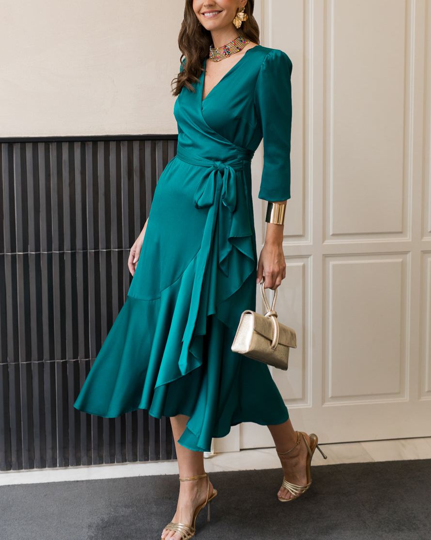 Green midi dress with side tie detail
