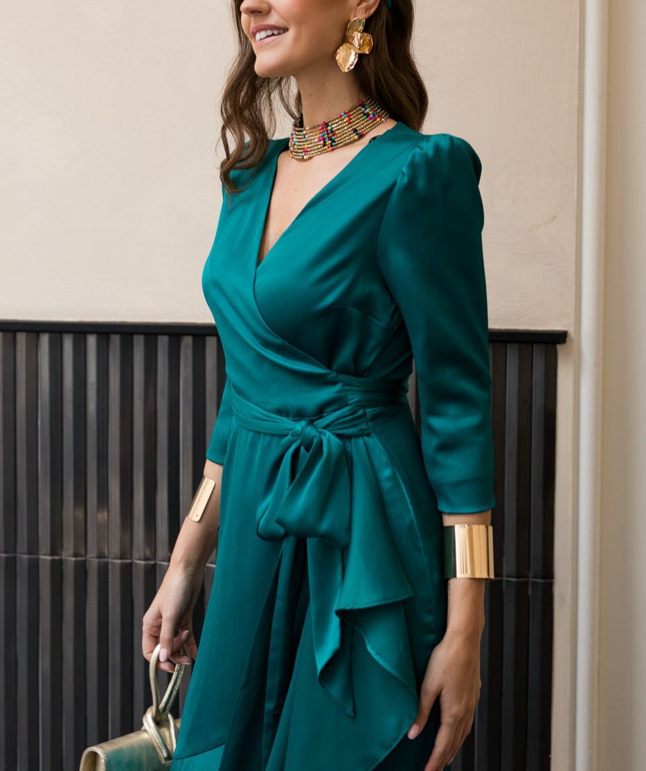 Green midi dress with side tie detail