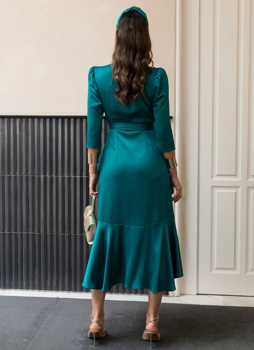 Green midi dress with side tie detail